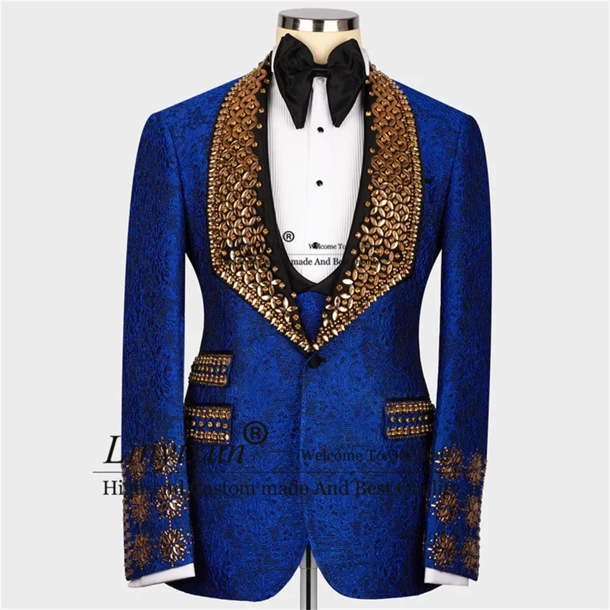 God Gem Stones Blue Special Tuxedos Men Suits 3 Pieces Groom Wedding Male Prom Blazer Luxury Crystal Customized Costume Homme