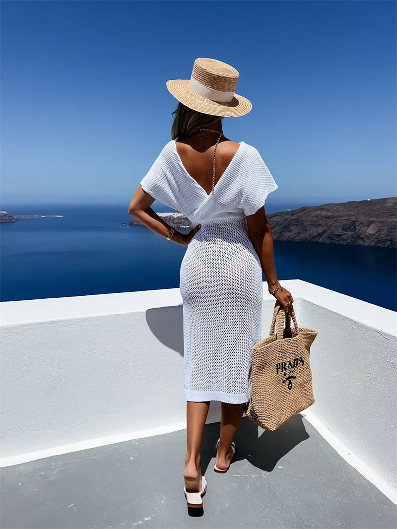 2024 White Crochet Tunic Bikini Cover-ups Sexy Hollow Out Long Dress V neck Women Summer Clothes Beach Wear Knitted Cover Up
