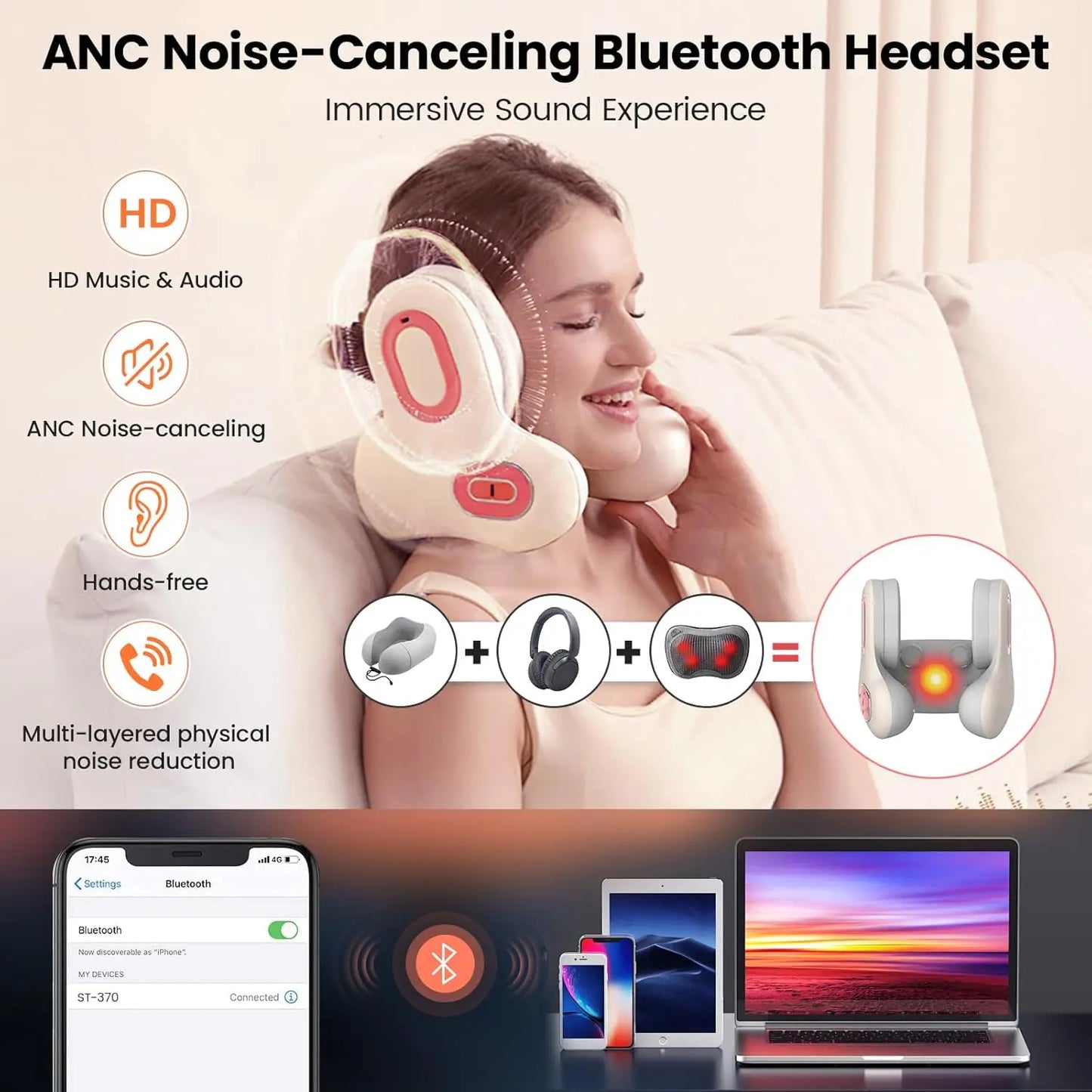 Wireless Neck Massager Red Light Hot Compress Massager Sleep Noise Reduction U-shaped Neck Pillow Masajeador Bluetooth Music