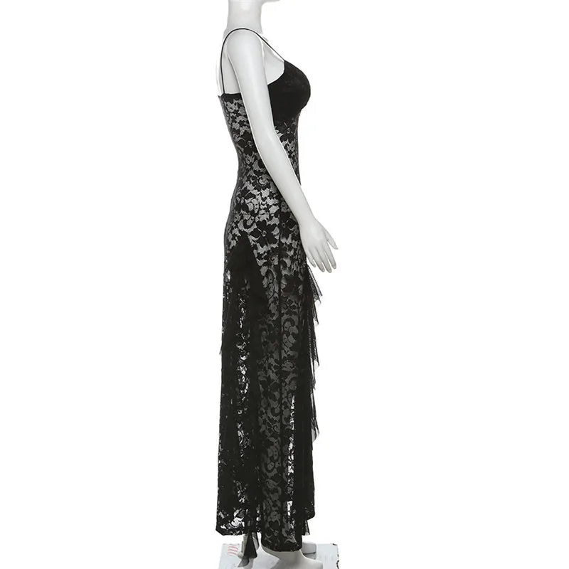 Nibber Sexy See Through Lace Sleeveless Long Dress Women Patchwork Summer Backless V-neck Side Slit Party Evening Maxi Vestidos