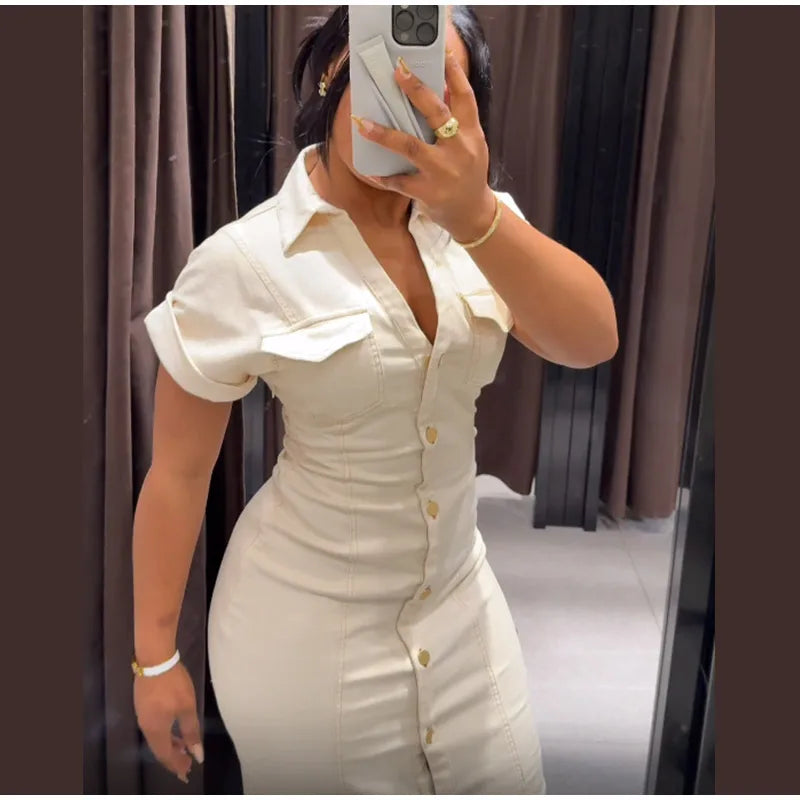 Sexy V-neck Denim Dresses 2025 Women's Spring Fashion Slim Long Dress Chic Short Sleeves Single Button High Street Lady New Robe