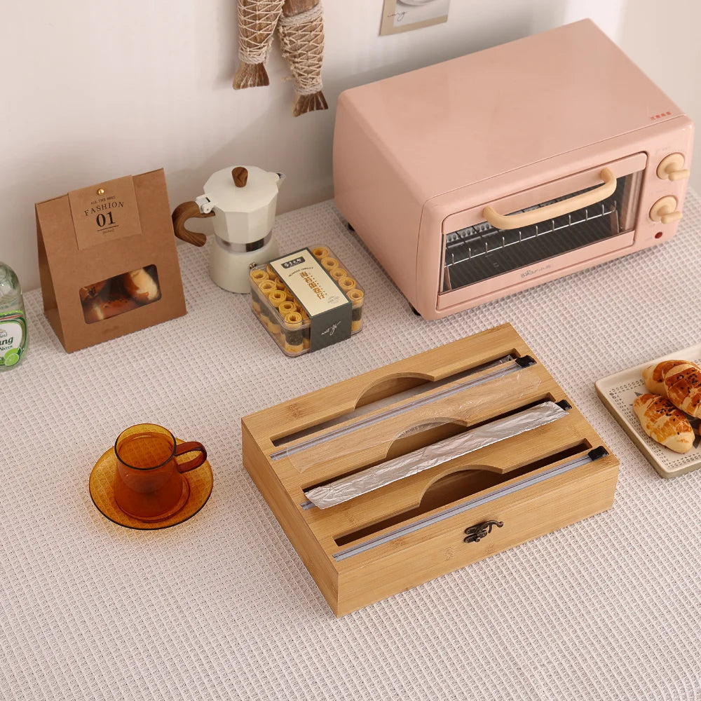 New 3 In 1 Bamboo Wrap Dispenser Storage For Aluminum Foil With Cutter Cling Film Holder Kitchen Accessories Organizer