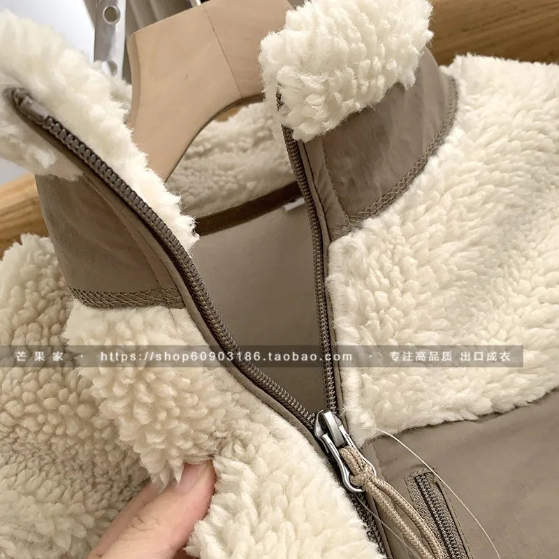 Autumn Winter Lambswool Coat Male Loose Windproof Warm Sherpa Stand Collar Polar Fleece Jacket Unisex Simple  Pocket Spliced Top