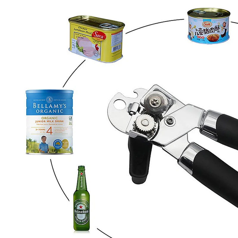 3 in 1 Professional Manual Stainless Steel Cans Opener Practical Unique Kitchen Tools Corkscrew Handle Grip Bottle Opener 1PC