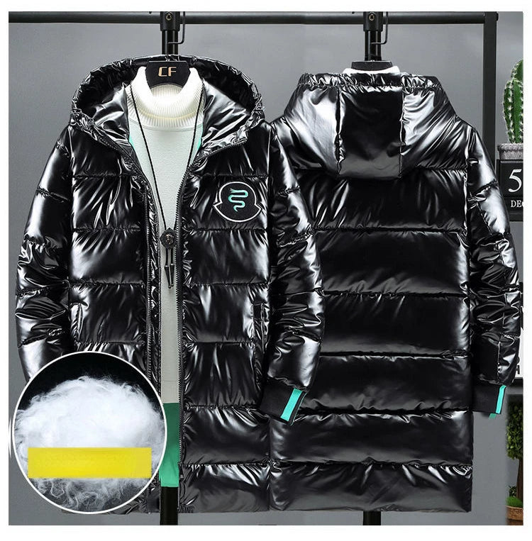 Men's Mid Length Cotton Down Jacket, Thick Down Overcoat, Glossy Coat, Quilted Hoodie, Hat, Winter Trend, Casual, New