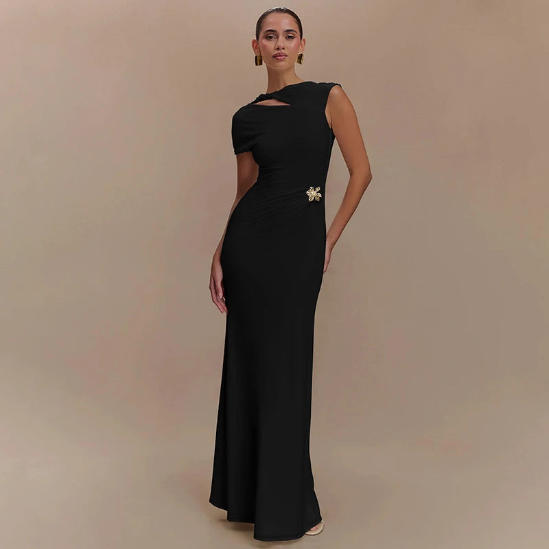 Mozision Hollow Out Backless Sexy Maxi Dress For Women Fashion Metal Buckle Solid Short Sleeve High Waist Slim Fit Long Dress
