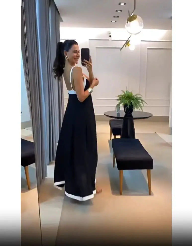 Women Casual V Neck Long Dress Summer Chic Stitching Color Loose Hem Dresses Elegant 2024 Backless Sleeveless Sling Maxi Dresses