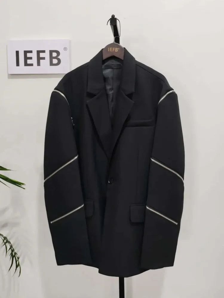 IEFB Zipper Men Suit Personalized Design Coat Casual 2023 Solid Color Long Sleeve Zipper Decoration Male Jacket Darkwear 9A5018