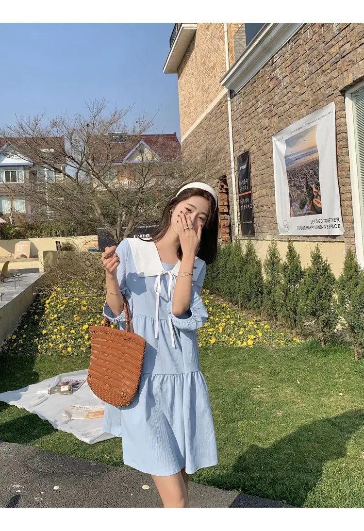 Vintage Pleated Lacing Loose Mini Dress Summer New Half Sleeve Solid Color Sweet Casual Dresses Fashion Korean Women Clothing