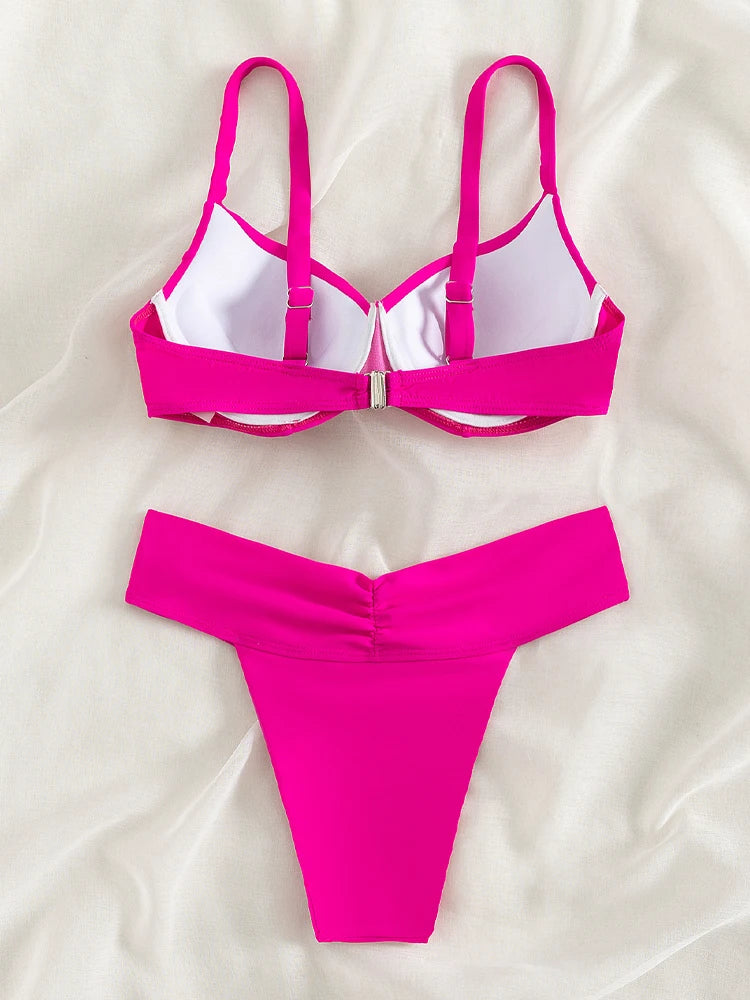 Vigoashely 2025 Sexy Pink Strapped Bikini High Waist Cut Push UP Swimsuit Women Swimwear Biquinis Backless Beach Bathing Suit