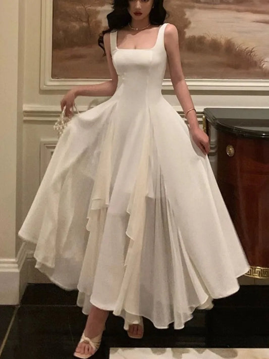 Summer Solid Elegant Camisole Long Dress Women Sweet Sleeveless A-Line Ruffles Fairy Dress Female Evening Party Vestidos Largos