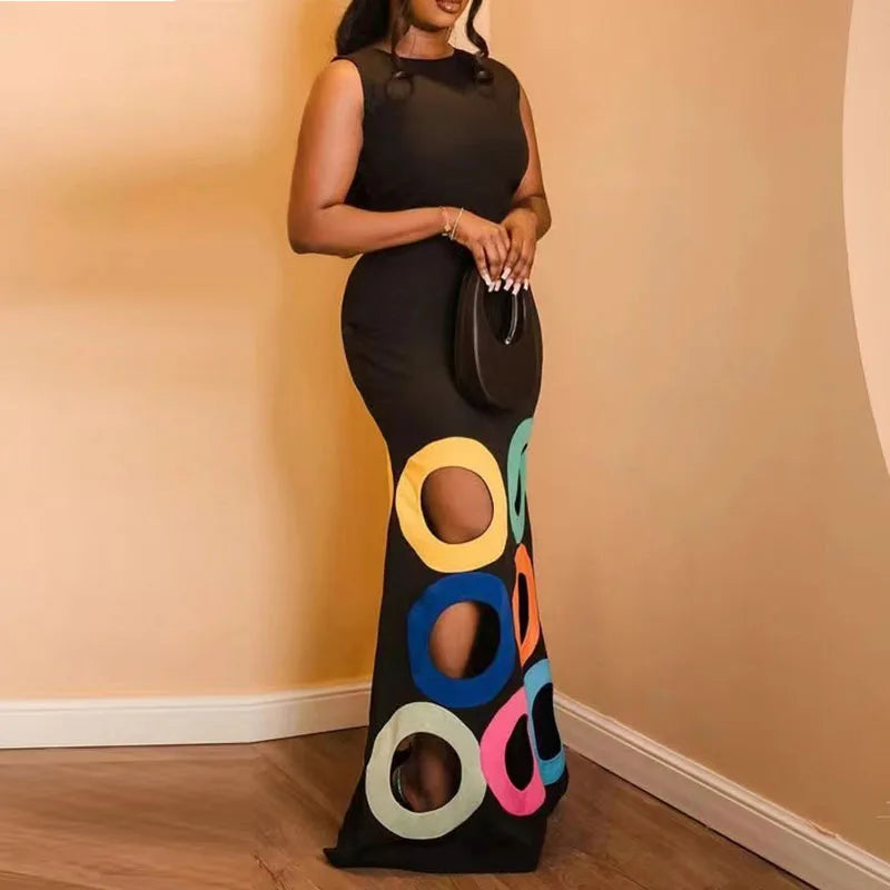 Summer Black Slim Hollow Sexy Party Vacation Long Dress Women's  Elegant Casual Sleeveless Sundress New High Waist Evening Dress