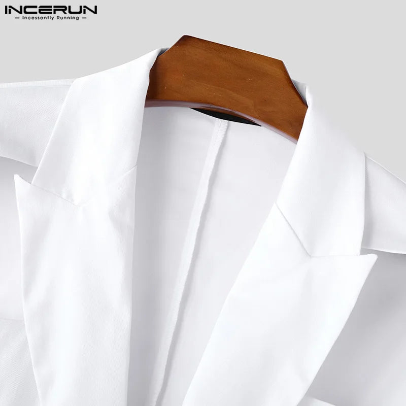 INCERUN Tops 2025 American Style Fashion Men Hollow Button Design Suit Coat Casual Streetwear Solid Long Sleeved Lace Up Blazers