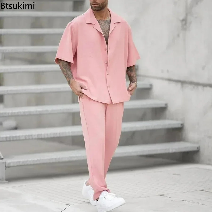 2025 Men's Casual 2PCS Pants Sets Fashion Lapel Shirt Top and Trousers Set Trendy Solid Blazer Pants Two Piece Set Clothing Male