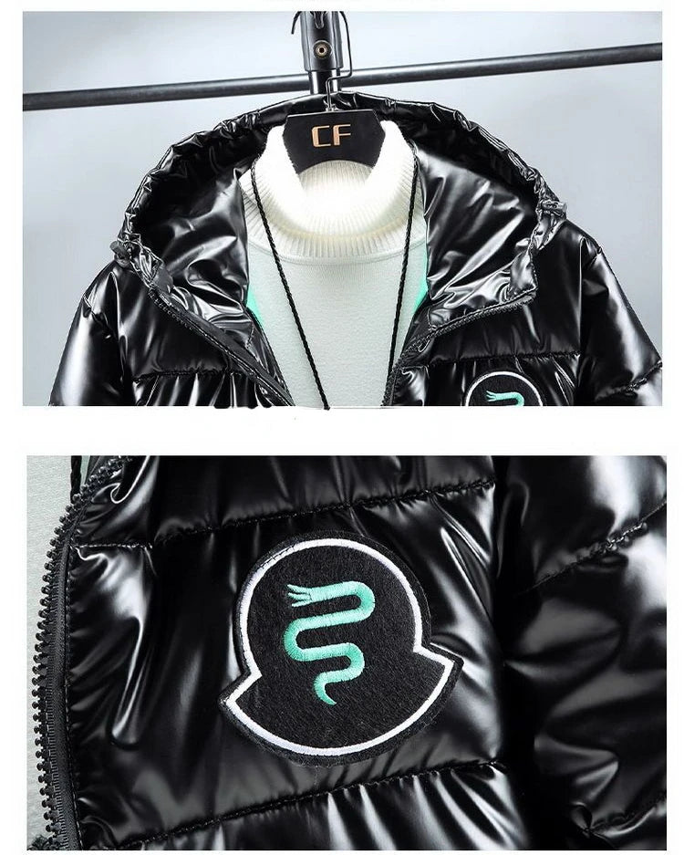 Men's Mid Length Cotton Down Jacket, Thick Down Overcoat, Glossy Coat, Quilted Hoodie, Hat, Winter Trend, Casual, New