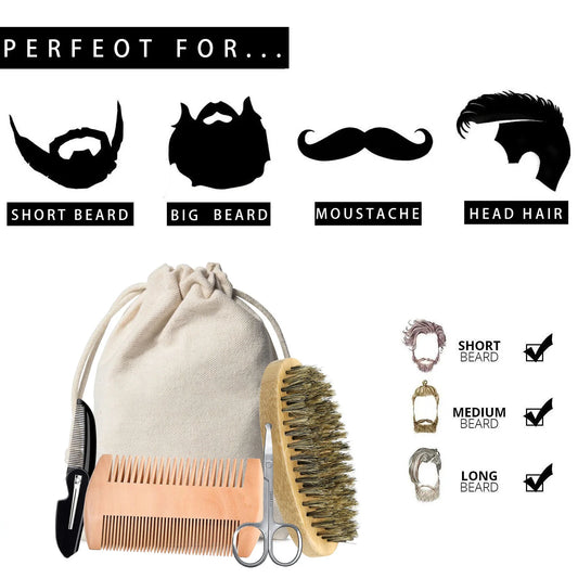 Men Shaving Bamboo Brush Comb Set Boar Bristle Portable Barber Beard Brush Comb Scissors for Facial Cleaning Styling Tool