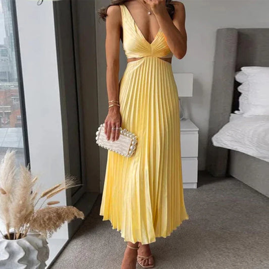 Casual Multi-color Sleeveless Party Dress Elegant High Waist Long Dress for Women Summer Sexy Deep V Hollow Pleated Beach Dress