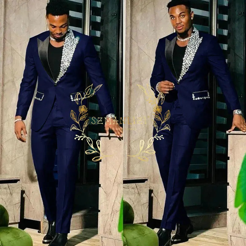Black Suits for Men Slim Fit Single Breasted Peak Lapel Blazer High Quality Crystal Prom Party 2 Piece Jacket Pants Sets Terno