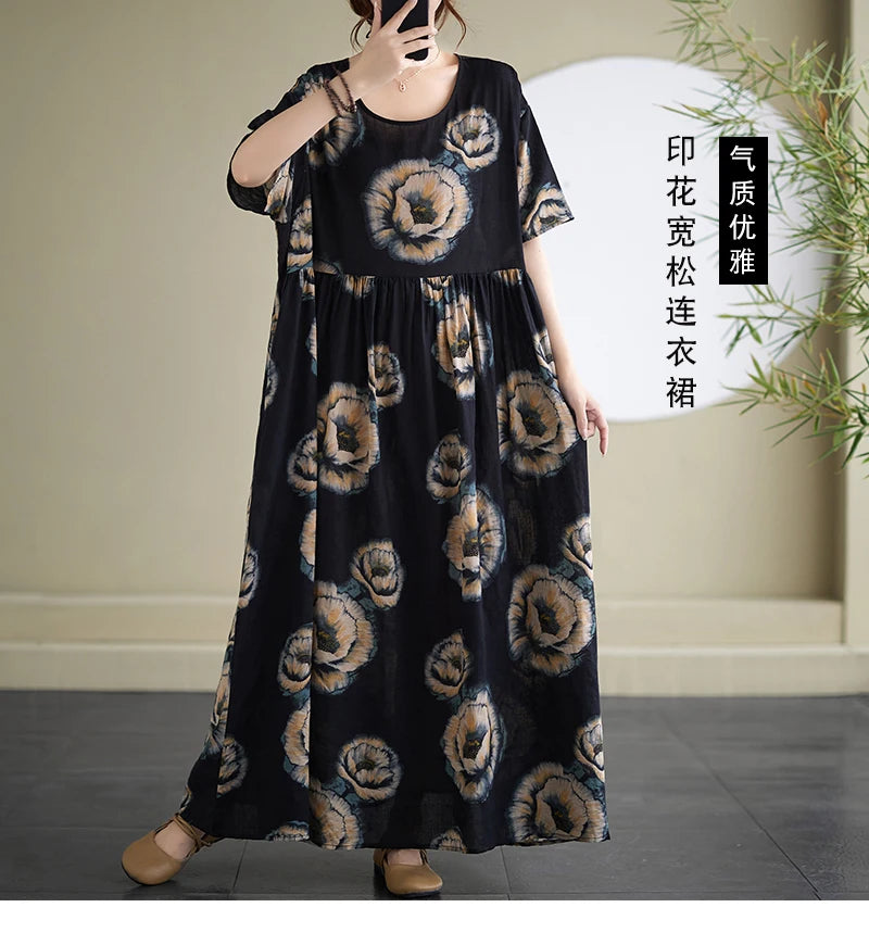 Oversized Summer Bohemian Style Long Dress Women Ruffle Pleated Fashion Flower Print Ladies Dresses Loose Casual Woman Dress