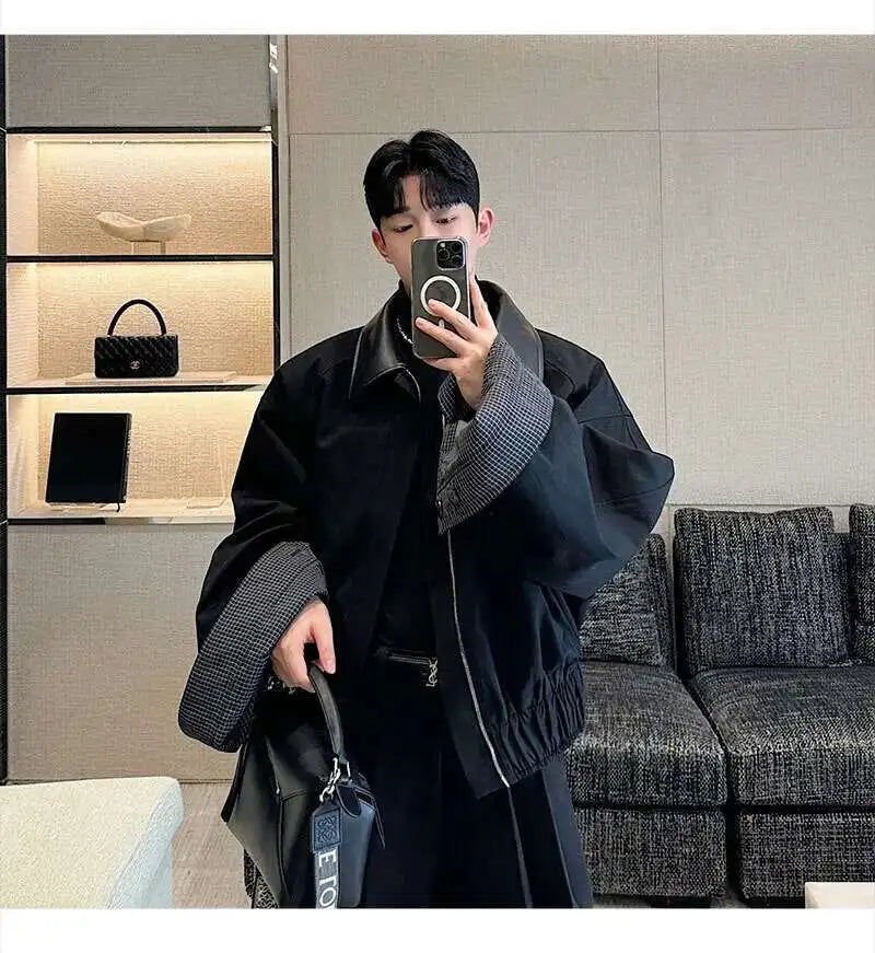 LUZHEN 2025 Spring Design Leather Collar Trendy Jacket Personalized Handsome Trendy Classy Versatile Color Contrast Tops LZ8146