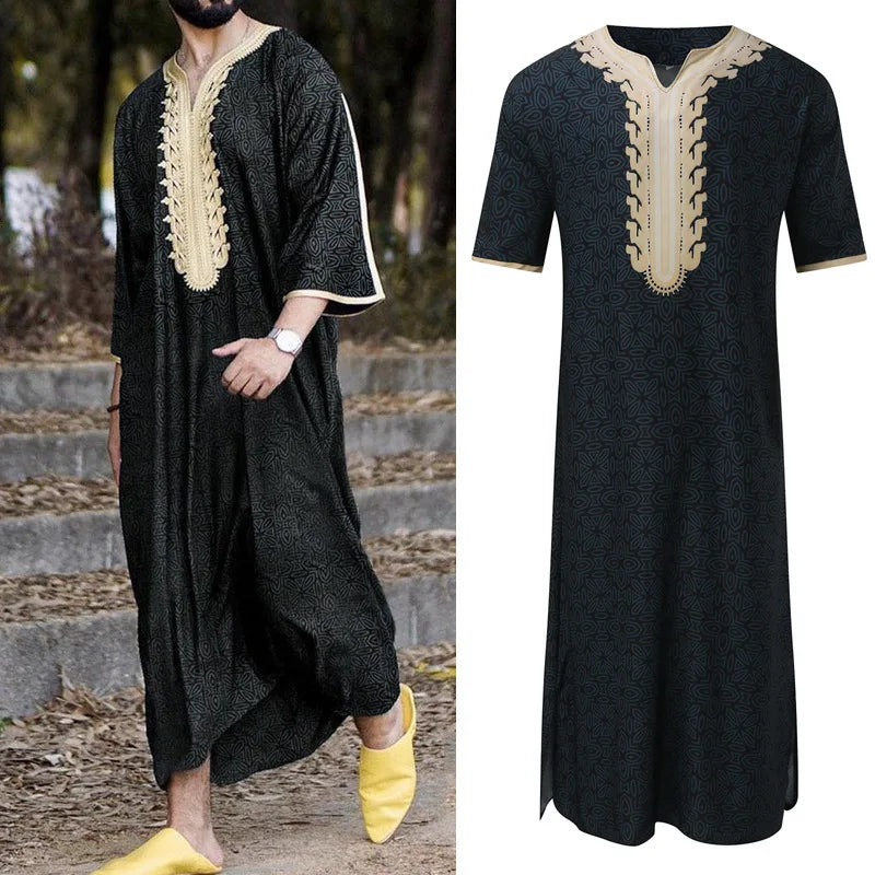 Men Muslim Summer Fashion Loose Robe Islam Kaftan Men Clothing Dubai Luxury Muslim Abaya Muslim V-neck Short Sleeve Printing