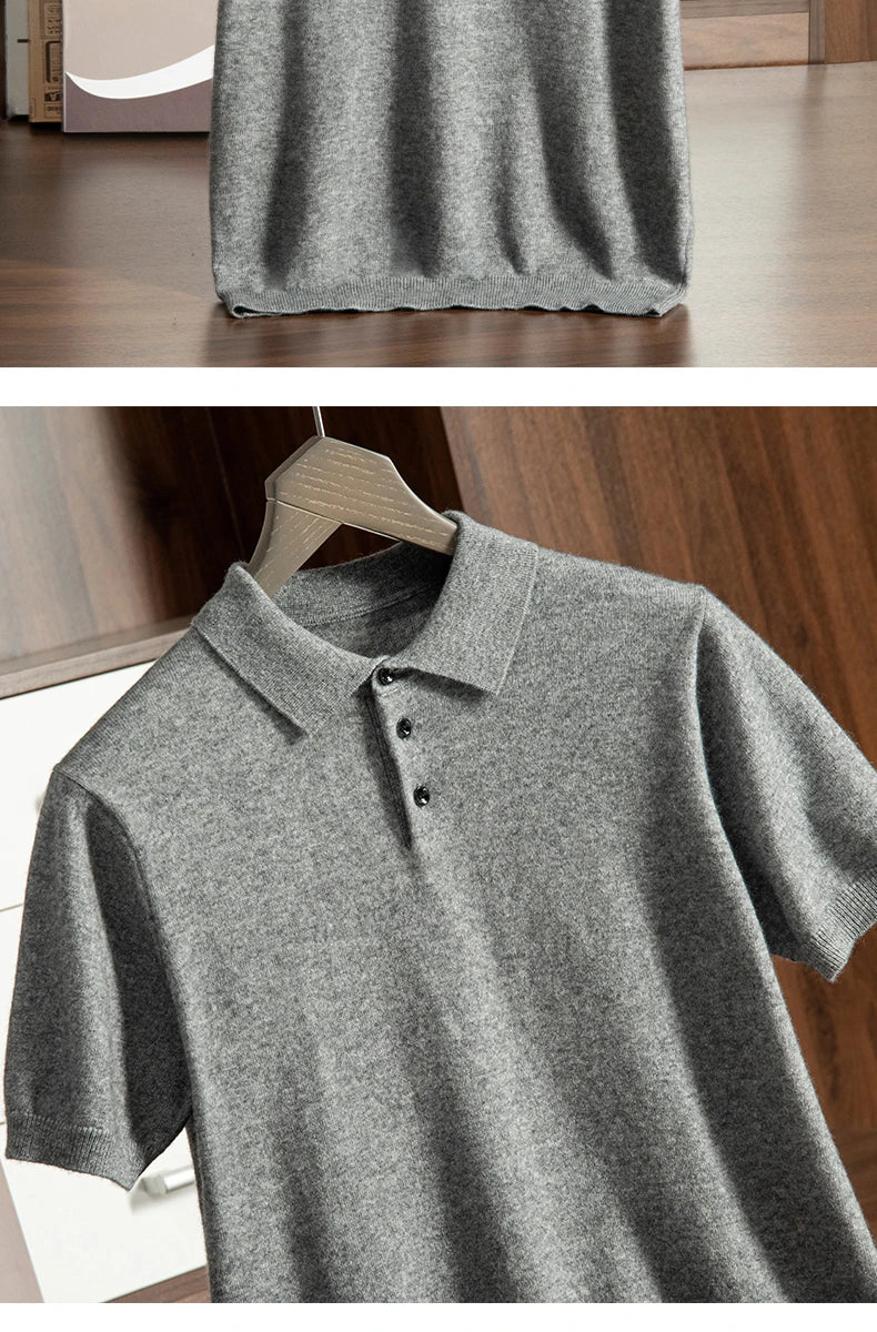High End Men's 100% Cashmere T-shirt POLO Collar Pullover Shirt Casual Business Knitted Short Sleeved Summer Half Sleeved Top