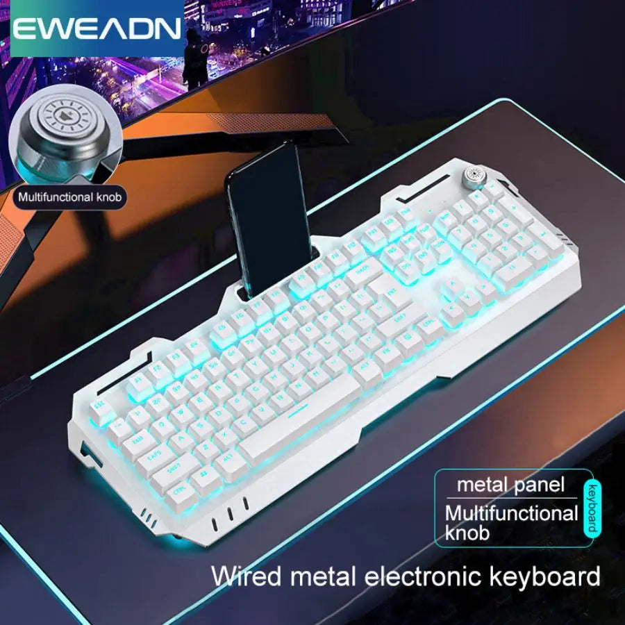 EWEADN Wired Membrane Keyboard, USB All-Metal Panel  Computer Keyboards with Multimedia knob and mobile phone holder,for Gaming