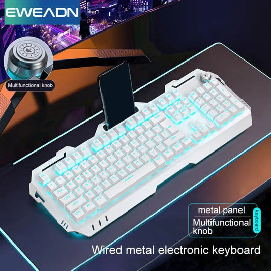 EWEADN Wired Membrane Keyboard, USB All-Metal Panel  Computer Keyboards with Multimedia knob and mobile phone holder,for Gaming