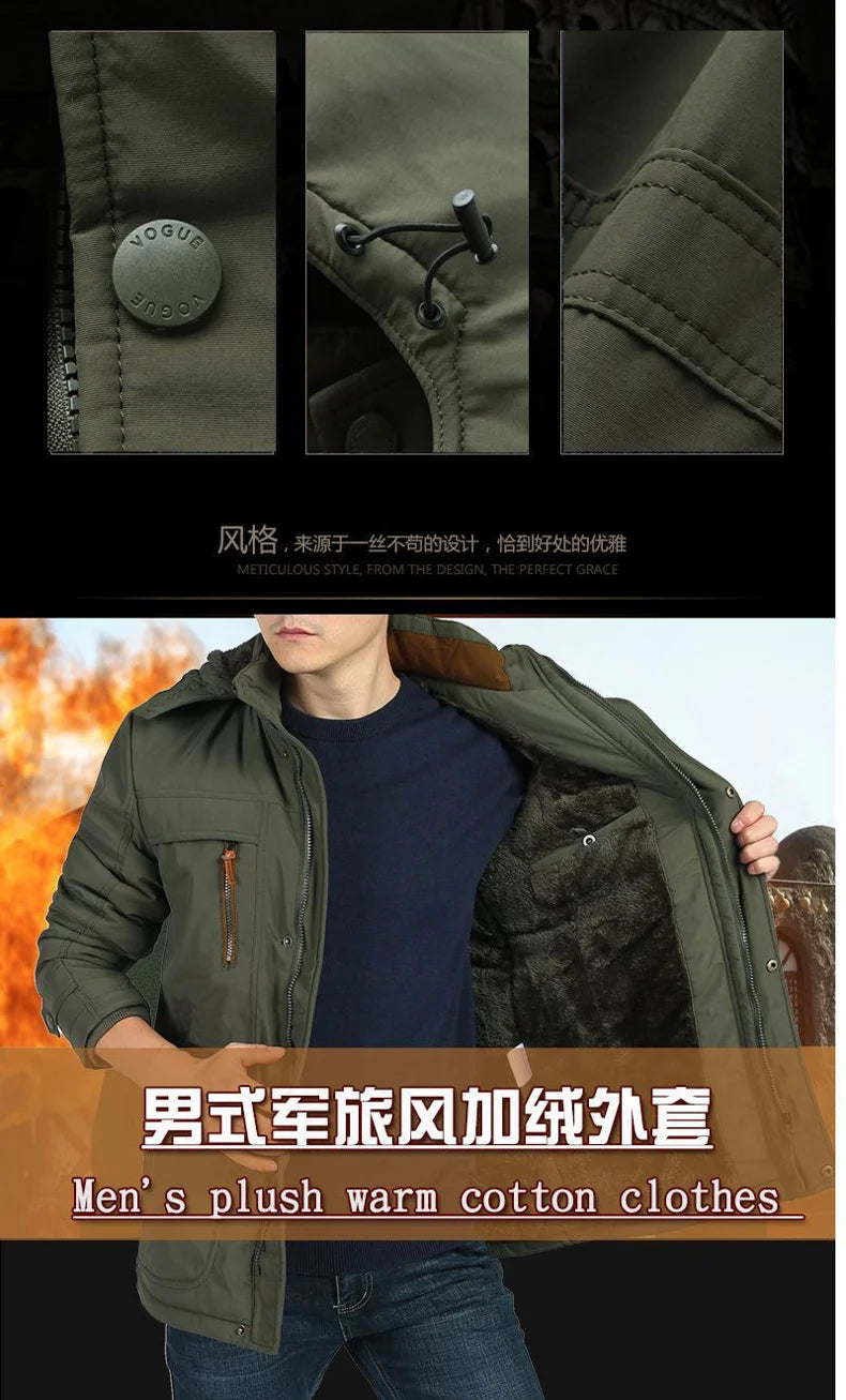 winter Parka Men's Multi-pocket Thickened Fleece-lined Cold-proof Padded Jacket Outdoor Camping Removable Cap Warm Men's Coat