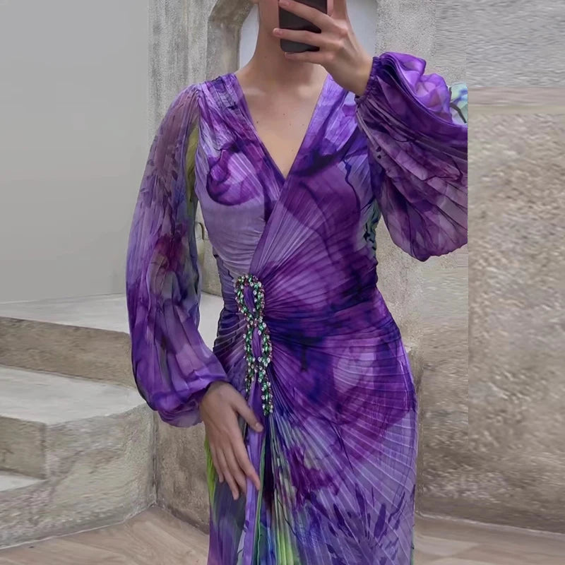 Casual Lantern Long Sleeve Big Hem Long Dress Vintage Tie-dye Print Pleated Party Dress Women Sexy Deep V-neck Waist Split Dress