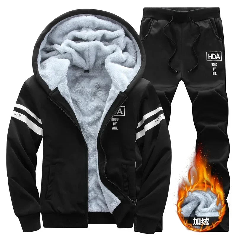 2025 Men's Thicken Warm Tracksuit Set Cardigan Fleece Hood Jacket+Pants Sweatshirts Male 2 Piece Sets Hoodies Suit Coat Big Size