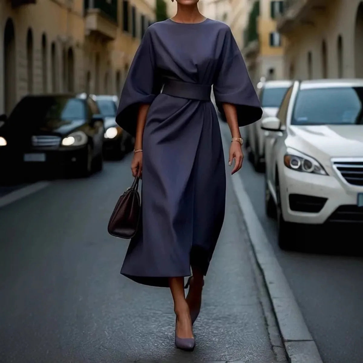 2025 Spring/Summer New Elegant Women's Dress Fashion Casual Solid Color Waist Round Neck Bat Sleeve Long Dress