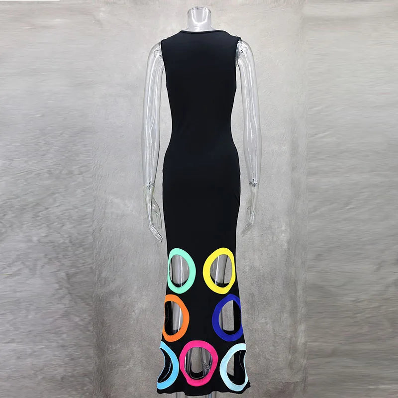 Summer Black Slim Hollow Sexy Party Vacation Long Dress Women's  Elegant Casual Sleeveless Sundress New High Waist Evening Dress