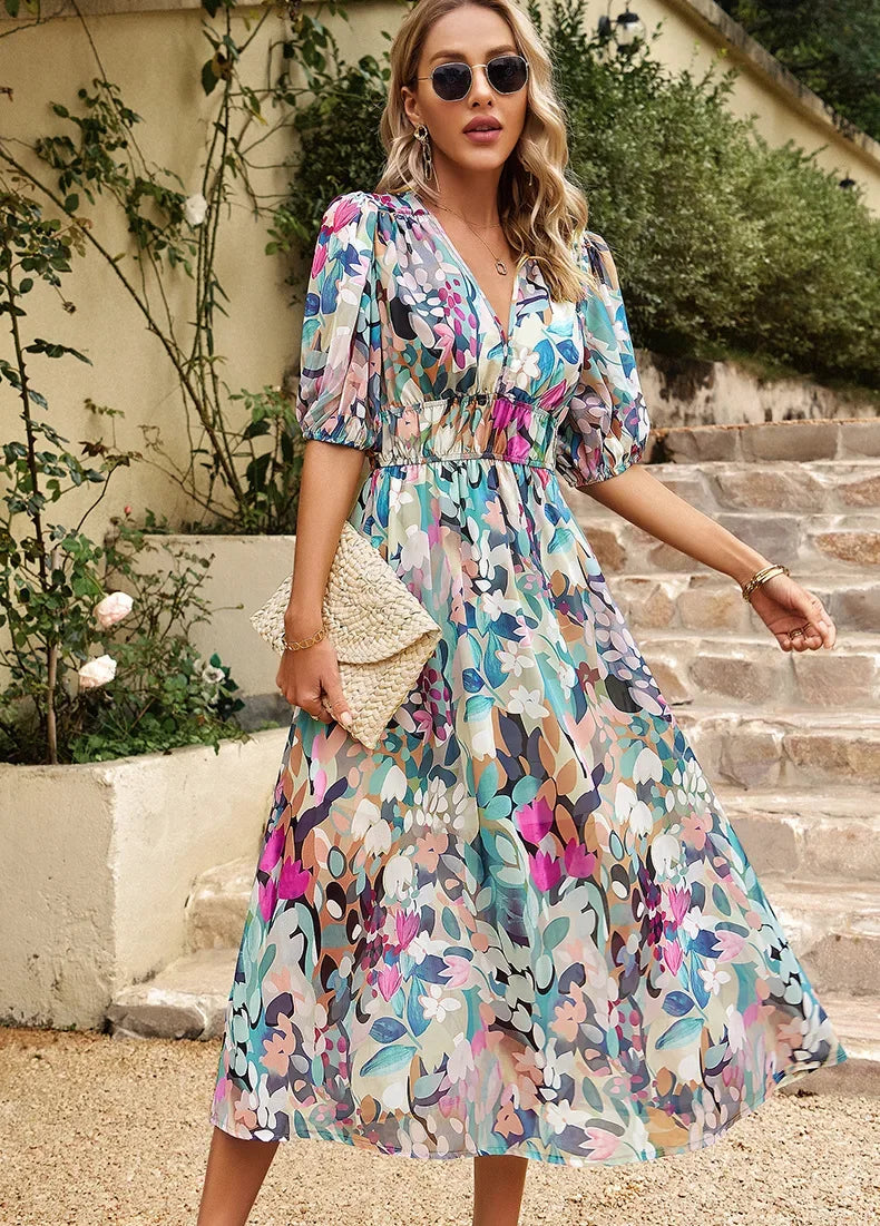 2024 Elegant High Quality Design summer long Dress Waist Cinching V-neck Print Elastic Waist Maxi  Dresses for Women Clothing