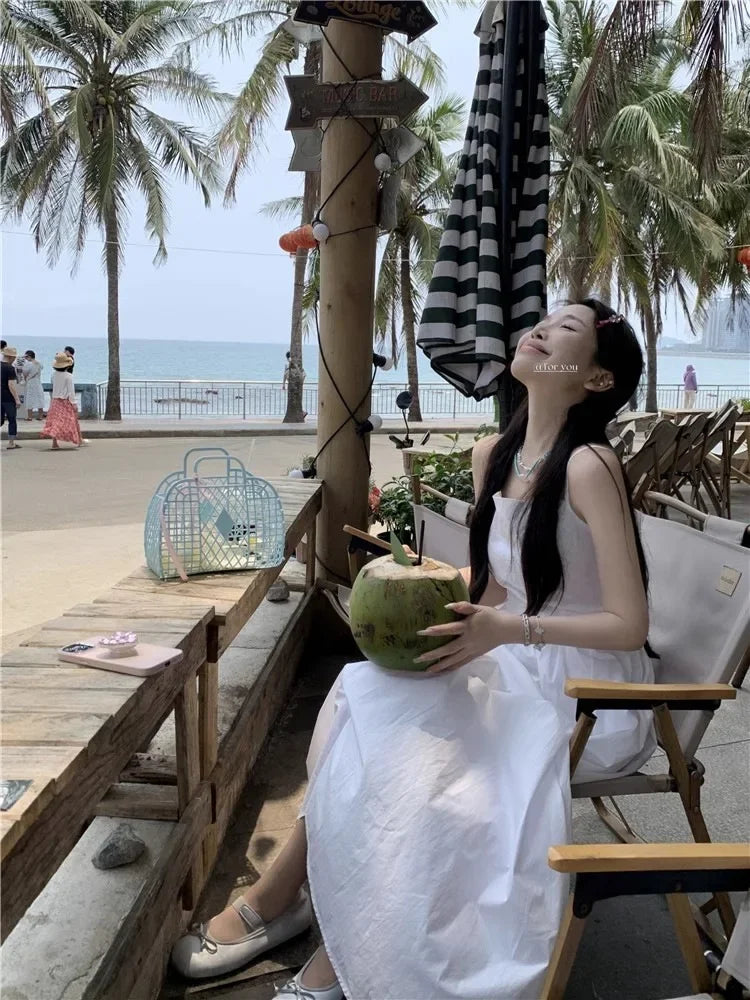 French Style Sexy Open-Back Blue Tank Dress Women's Summer Vacation Beach A- Line Long Dress Beach Vacation Dress