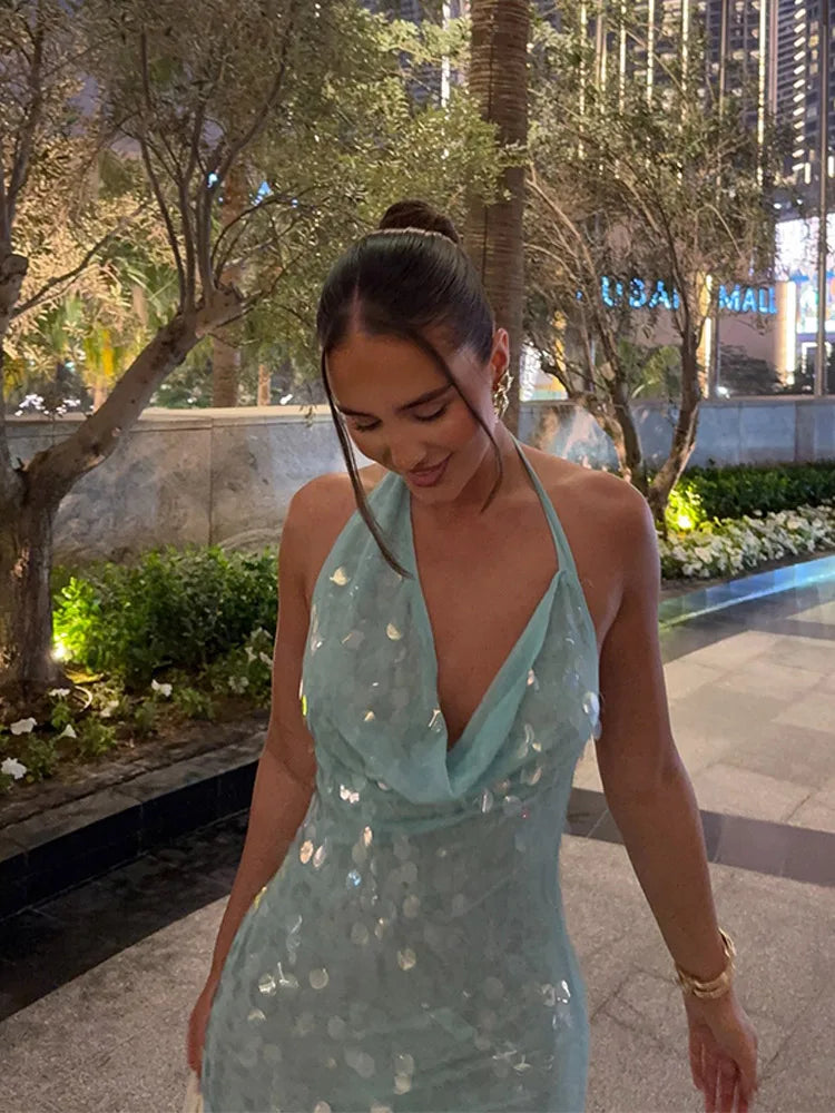 Elegant Sequin Halter Long Dress Women Sexy Bule Backless Sleeveless Slim Asymmetrical Beach Dresses Lady Chic Party Holiday