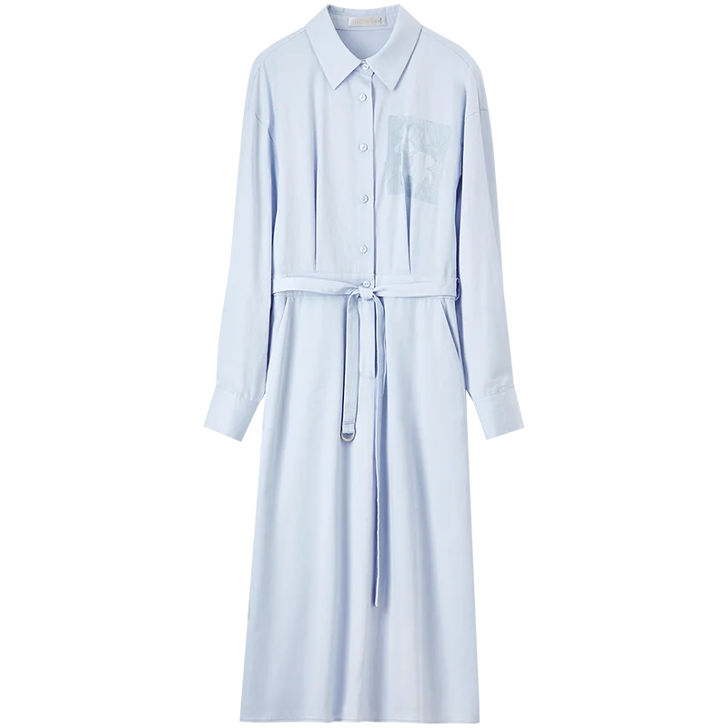SENTUBILA Lyocell Shirt Dresses Womens 2025 Spring Cotton Embroidery A-line Turn Down Collar Solid Wrap Long Dress 151L58233