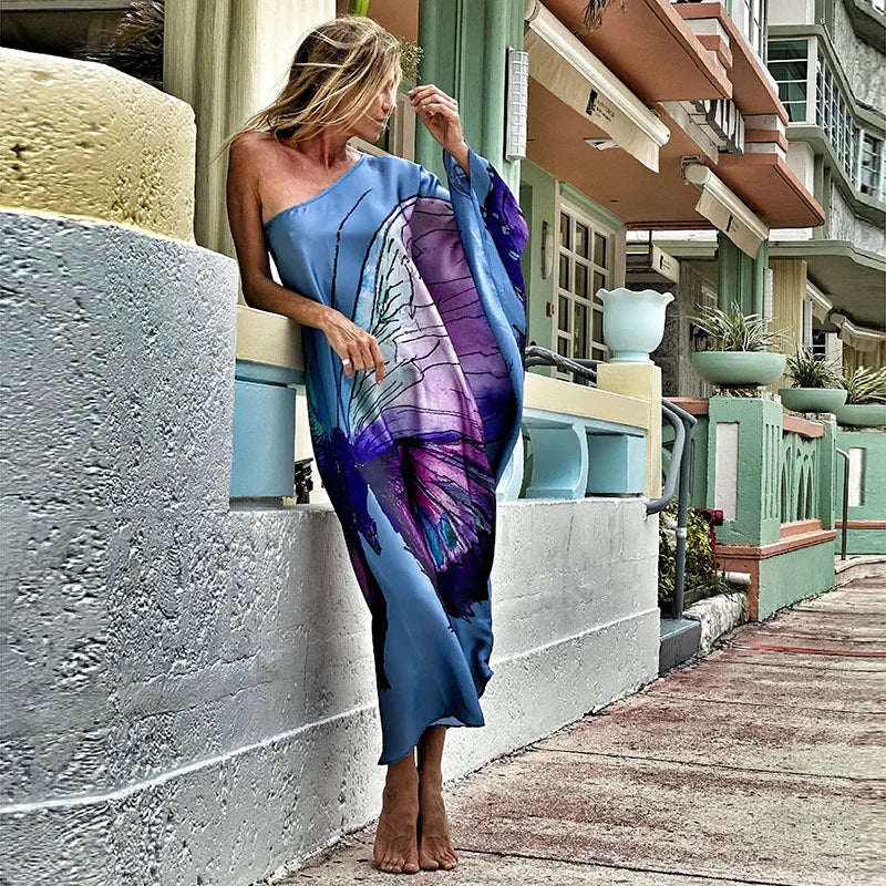 Color Butterfly Print One Shoulder Sleeve Dresses Women Sexy Off Shoulder Loose Beach Vacation Irregular Long Dress Streetwear