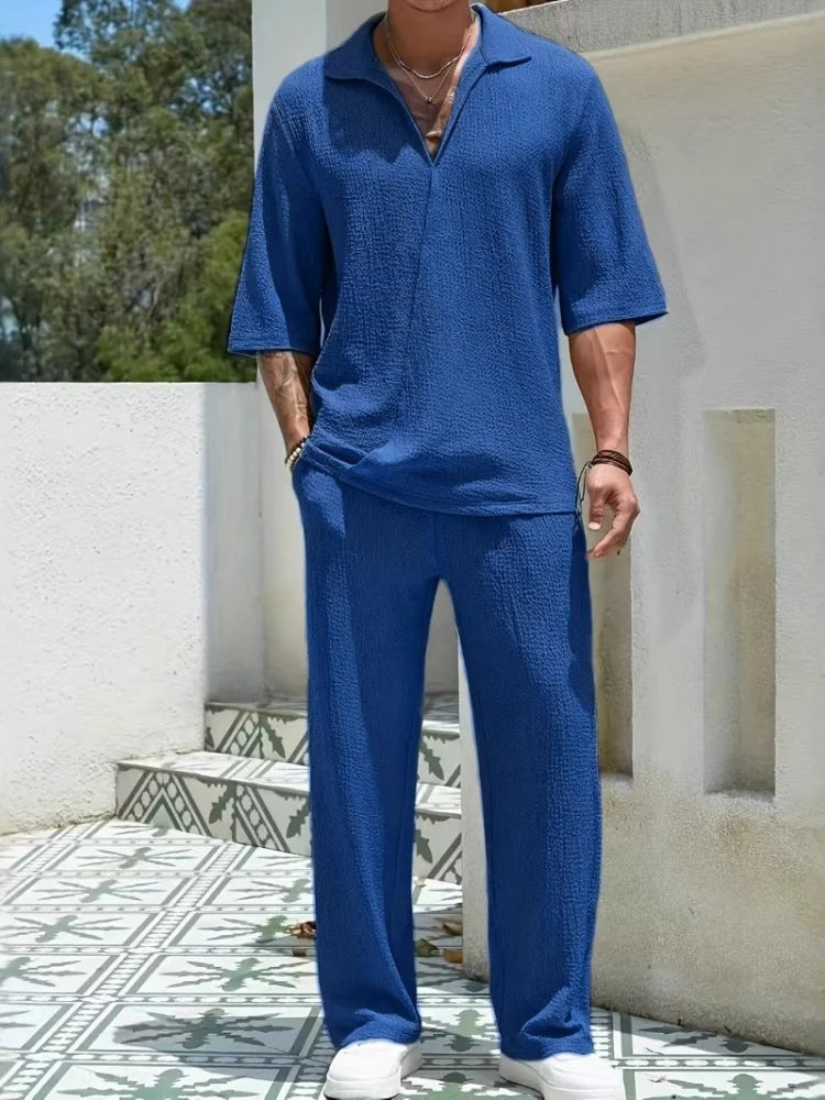 2025 New Spring summer Men's retro casual suit collar solid color half-sleeved shirt loose drawstring pants Two-piece beach Suit