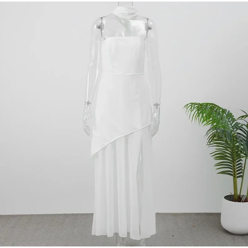 Elegant Yellow Gauze Off Shoulder Scarf Neack Long Dress Women Fashion Sleeveless A-line Vestido 2025 Summer Vocation Party Robe