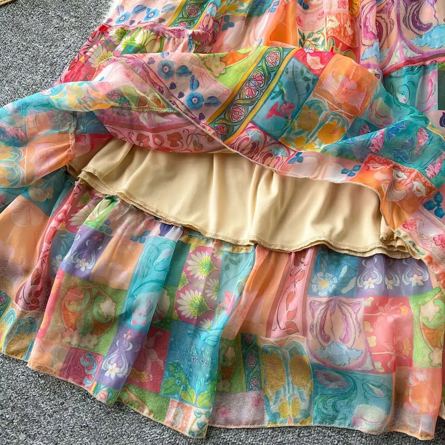XFPV 2025 Spring New Fashion High-end V-neck Lantern Sleeves High Waist Print Swing Ruffle Edge Chiffon Long Dress Women SM11517