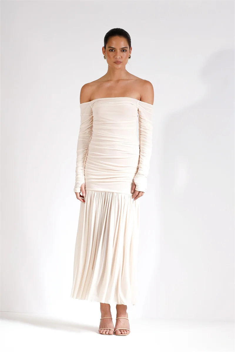 Mozision Off-shoulder Strapless Sexy Maxi Dress Women Summer New Patchwork Backless Long Sleeve Pleated Long Dress Elegant