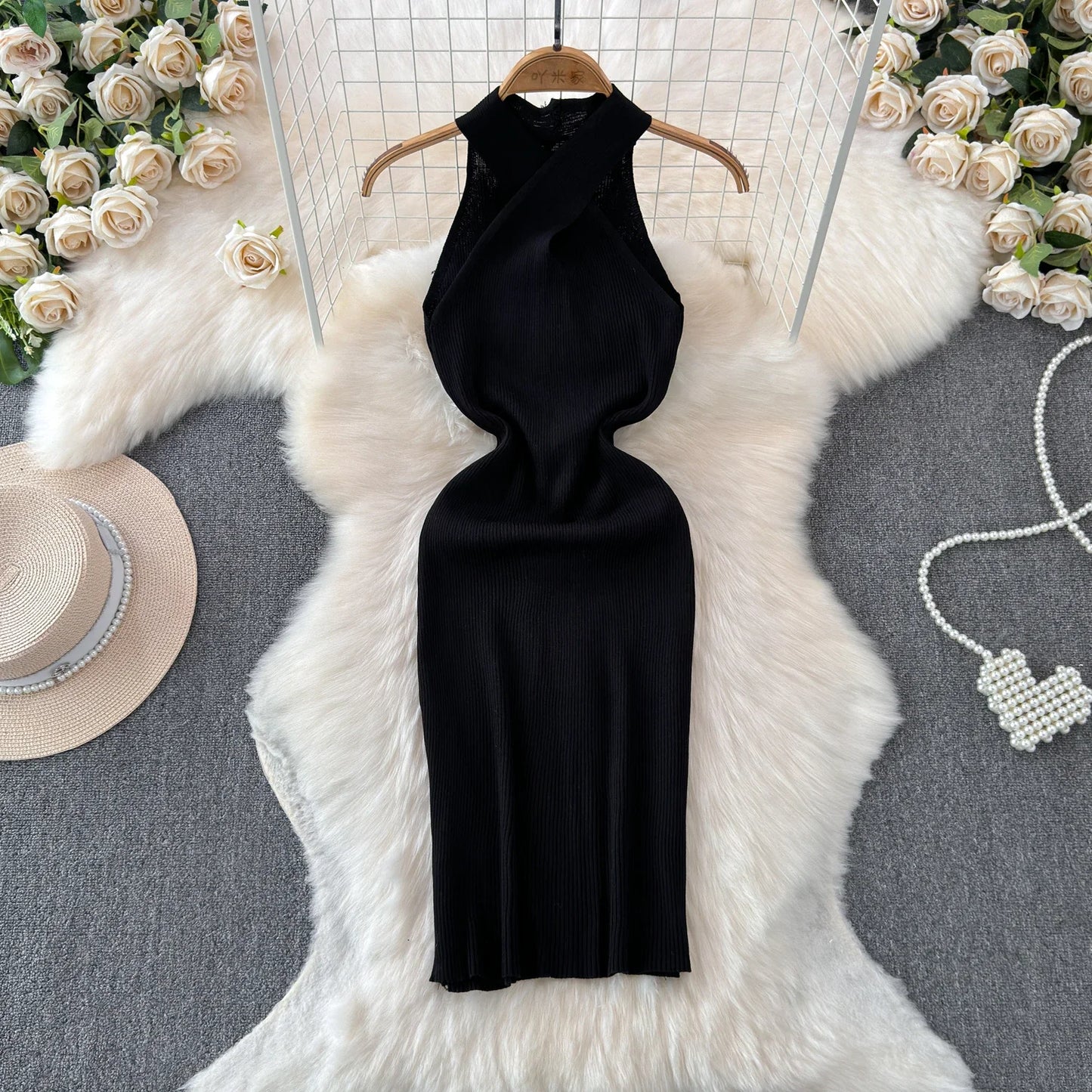 Solid 2024 Cross Knitted Women Dress Summer Strap Sleeveless Bodycon Dress Europe Style Halter Ladies Sexy Midi Long Dress
