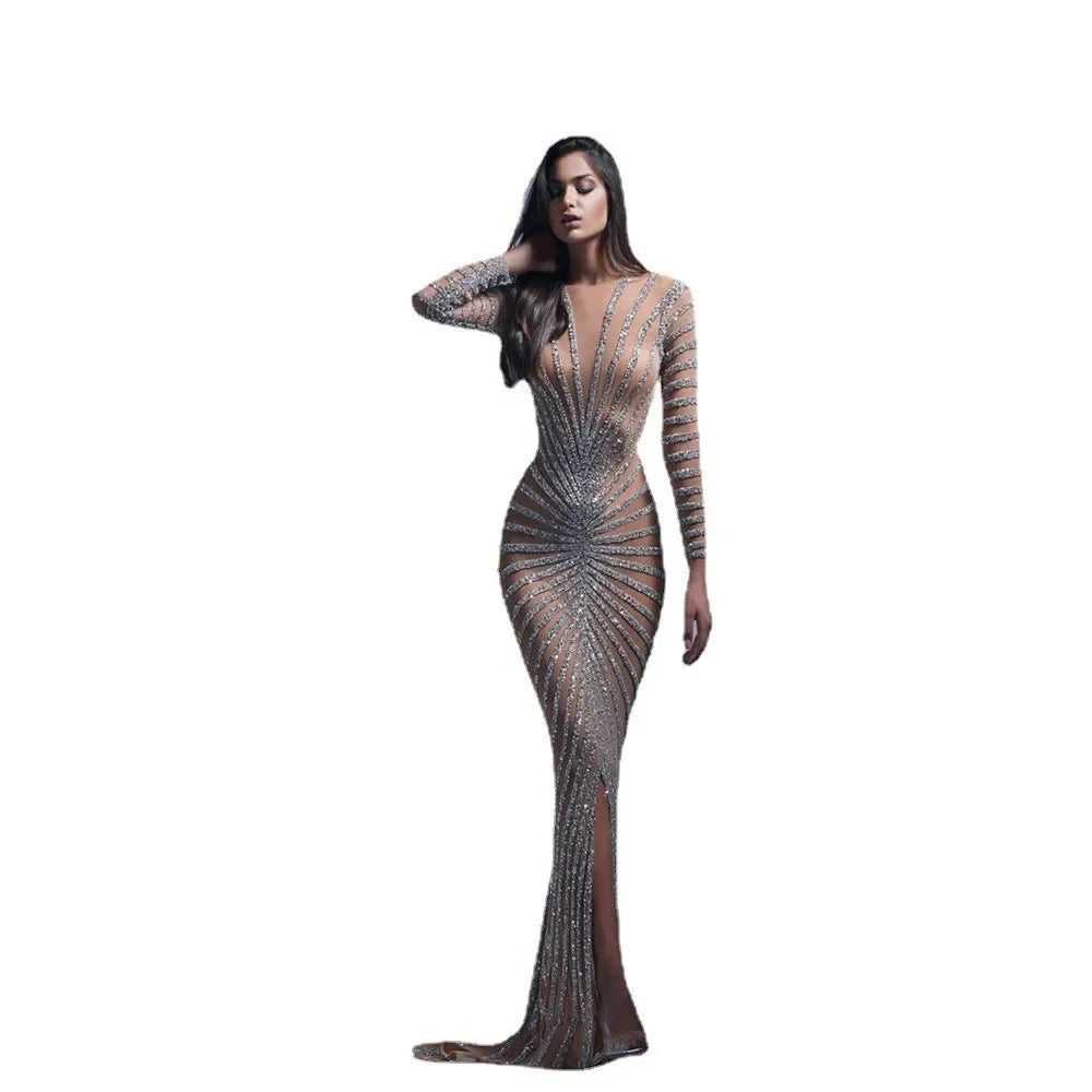 2024 New Spring Fashionable Embellished Women's Mesh Dress Long Sleeve Side Slit Long Dress For Women