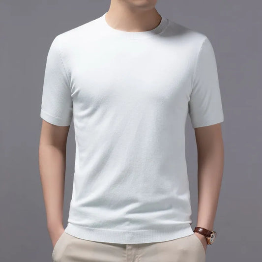 Superfine Merino Cashmere Knitted O-neck T-shirt for Men's Clothing Short Sleeve Tee Solid Color Trend Leisure Tee Tops ﻿