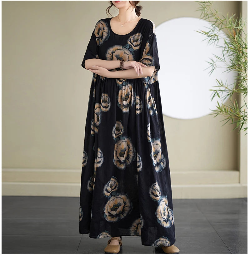 Oversized Summer Bohemian Style Long Dress Women Ruffle Pleated Fashion Flower Print Ladies Dresses Loose Casual Woman Dress
