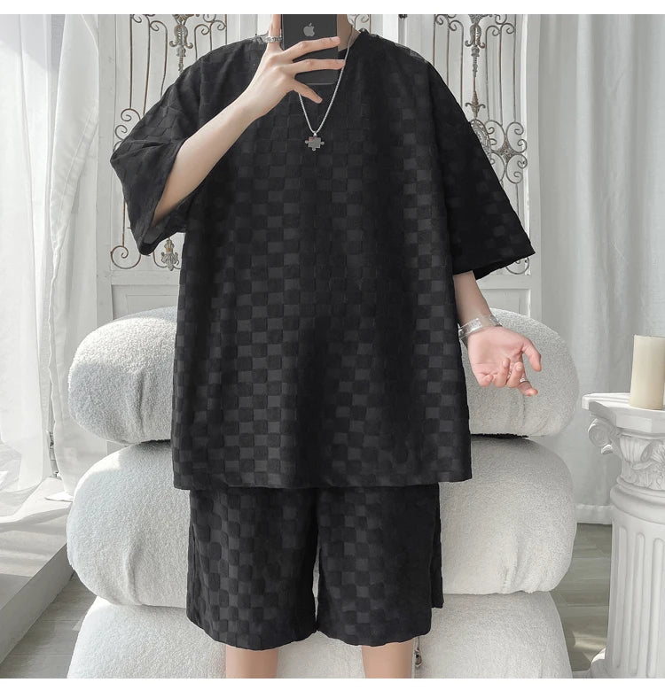 Men's Set Fashion Summer Loose Casual Plaid T Shirts And Shorts High Quality Korean Luxury Clothing Men's Clothes Big Size 5XL-M