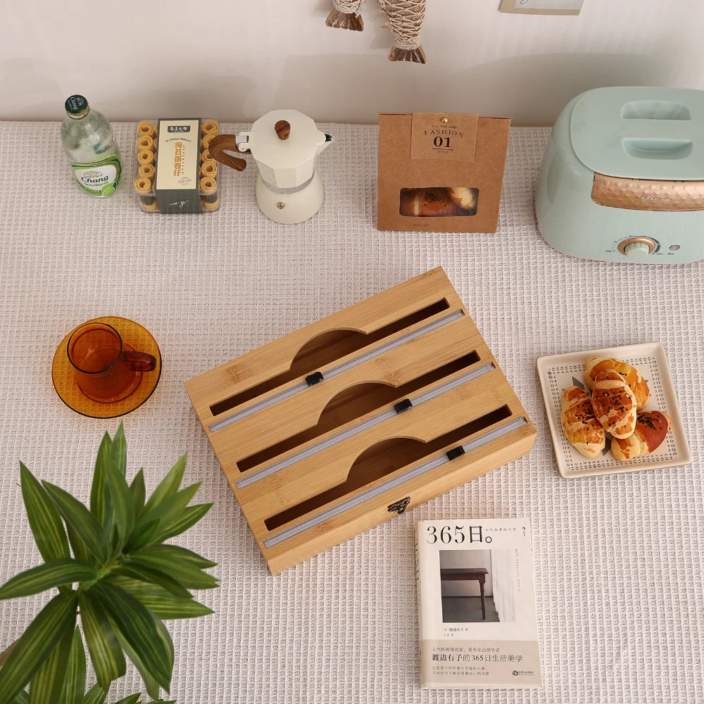 New 3 In 1 Bamboo Wrap Dispenser Storage For Aluminum Foil With Cutter Cling Film Holder Kitchen Accessories Organizer