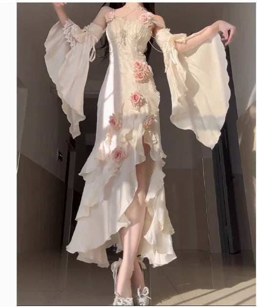 Red Lolita Fishtail Dress Womens High Waist Slim Fit Elegant 3D Rose Irregular Long Dress Lady Gothic Dress Spring and Summer