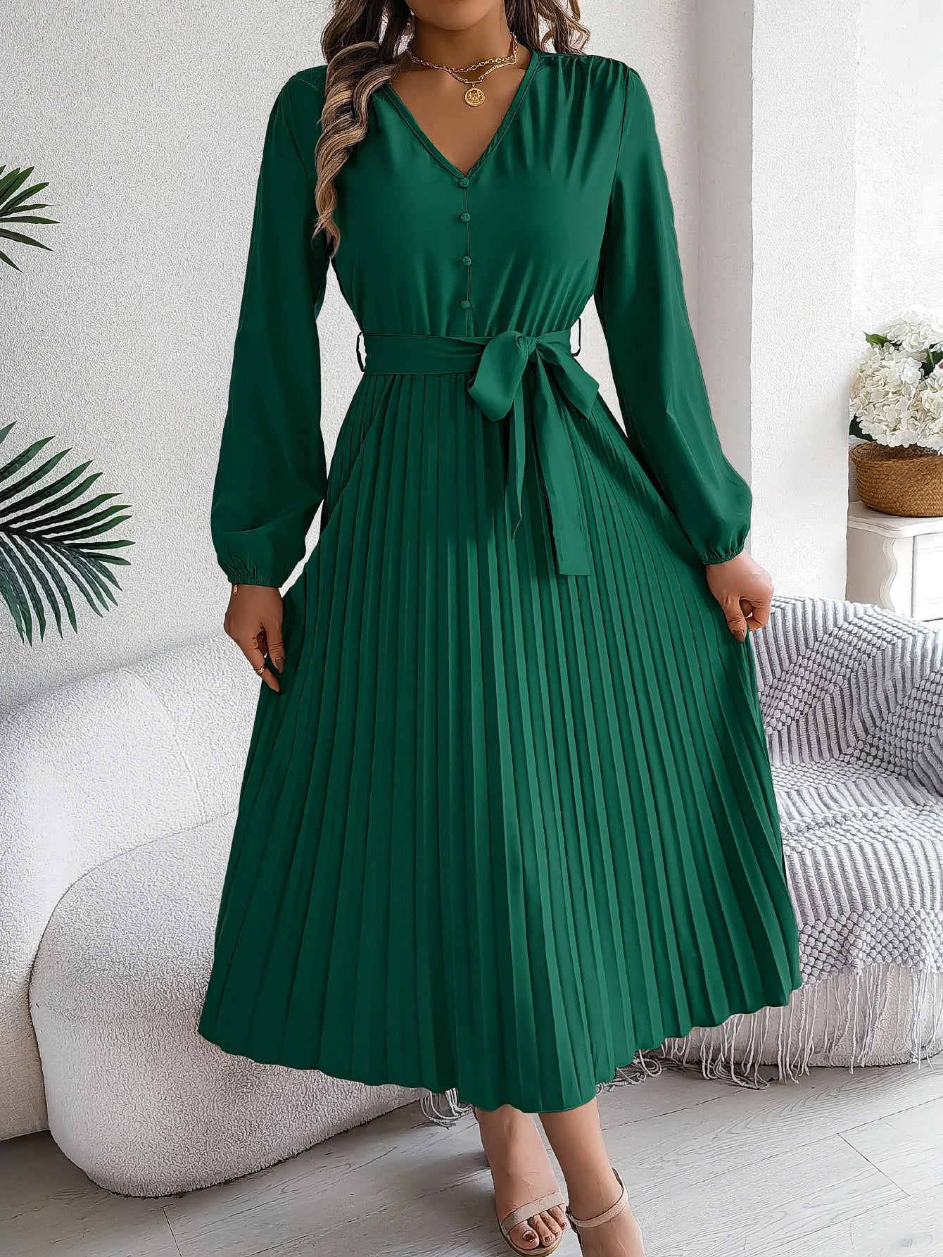 Autumn Winter Elegant V-Neck Button Belt Long Sleeved Solid Color Pleated Long Dress For Women Dresses